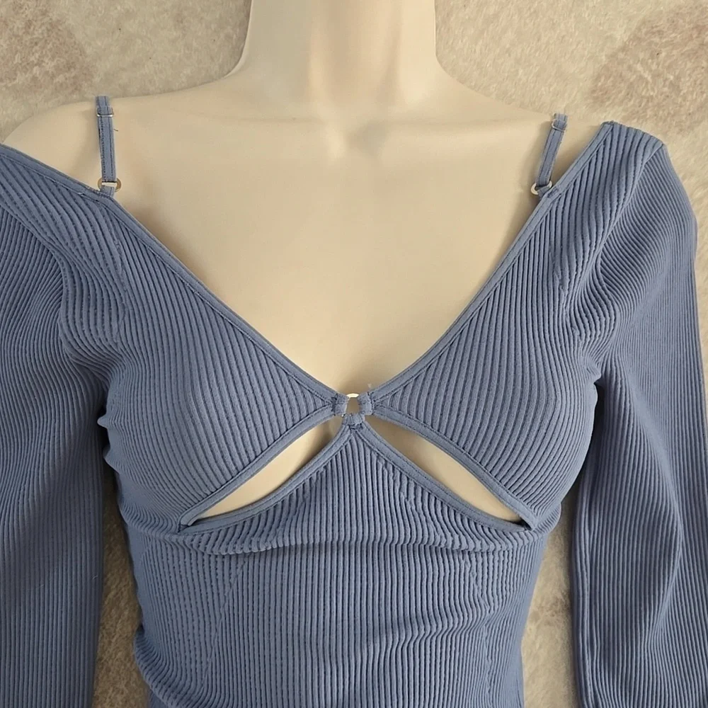 Free People FO Movement Ribbed V-Neck Bodysuit Cut-Out Blue Top XS/S NEW! - Picture 2 of 5